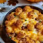Delicious tater tot casserole baked with ground beef, cheese, and crispy tater tots.