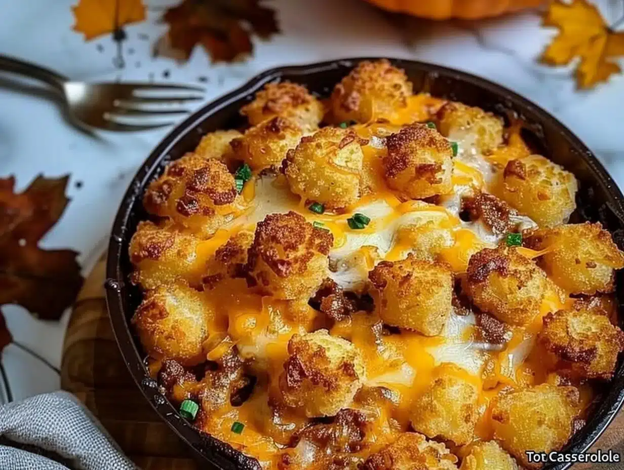 Delicious tater tot casserole baked with ground beef, cheese, and crispy tater tots.