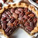 Delicious Texas chocolate pecan pie with rich chocolate and crunchy pecans