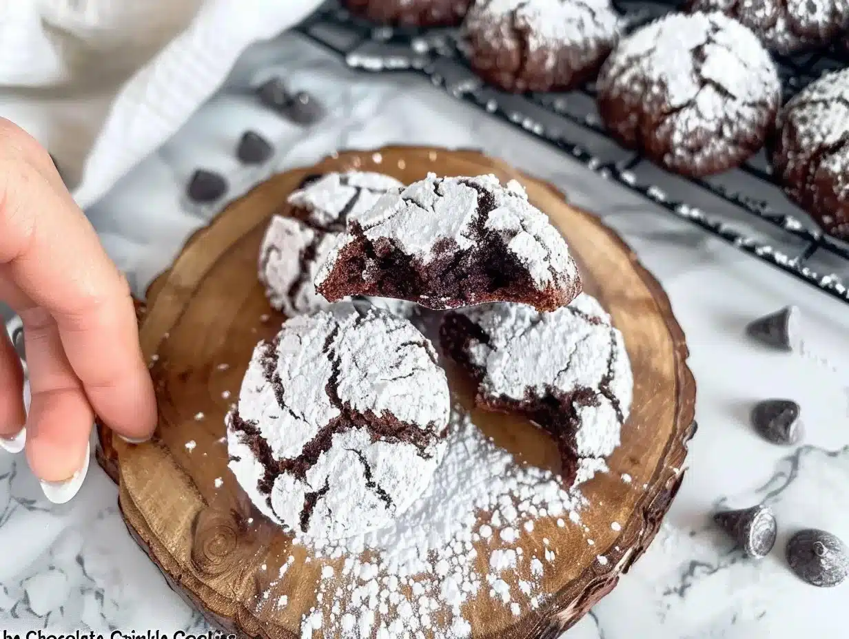 The BEST Chocolate Crinkle Cookies Recipe 1 Delicious chocolate crinkle cookies dusted with powdered sugar, fresh from the oven.