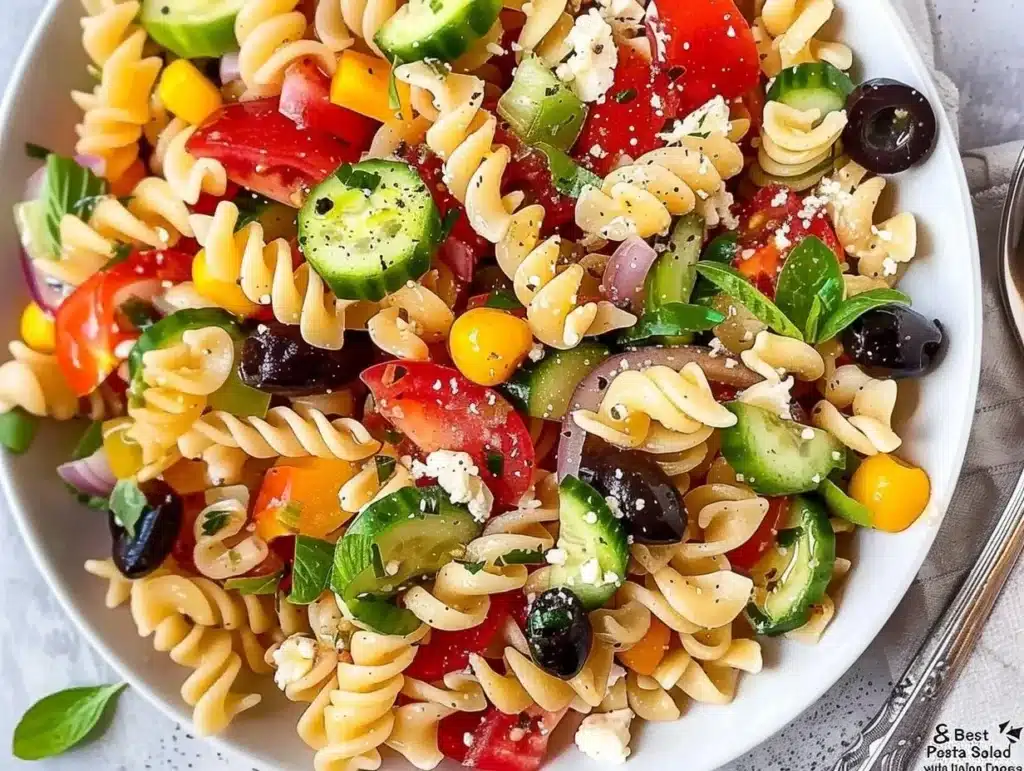 Delicious pasta salad with Italian dressing served in a bowl