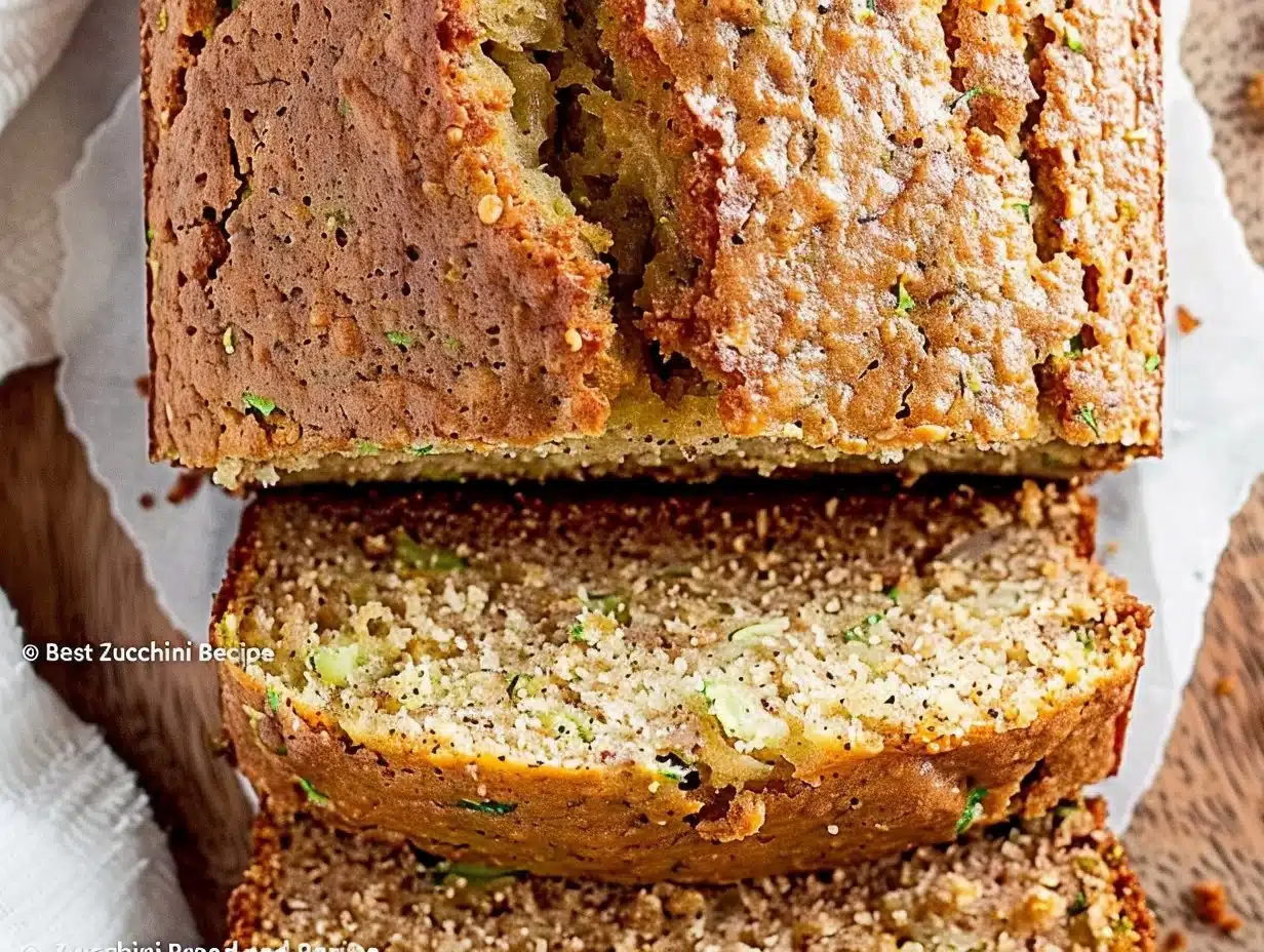 The Best Zucchini Bread Recipe 1 Freshly baked zucchini bread sliced on a wooden board