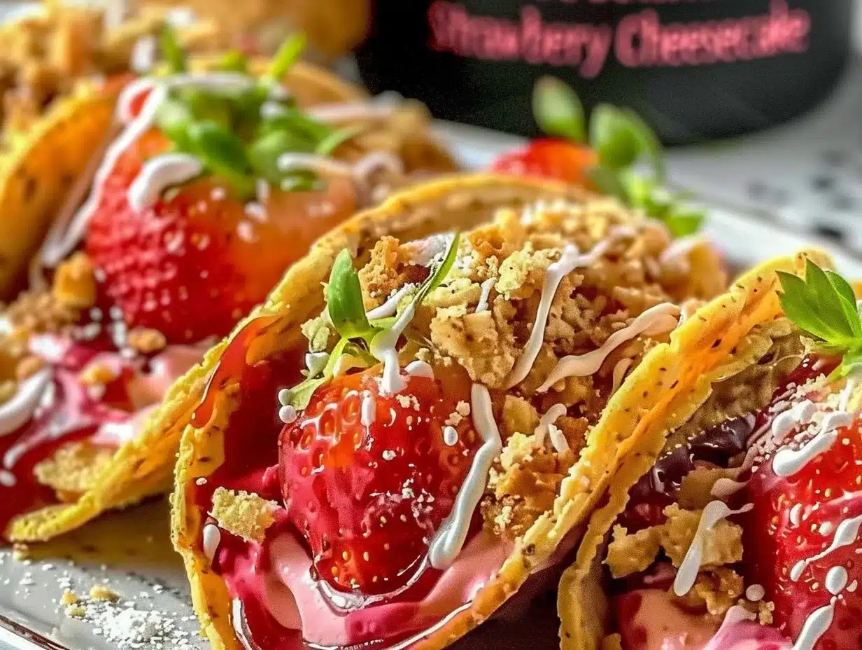 Delicious strawberry cheesecake tacos topped with fresh strawberries and crunchy topping