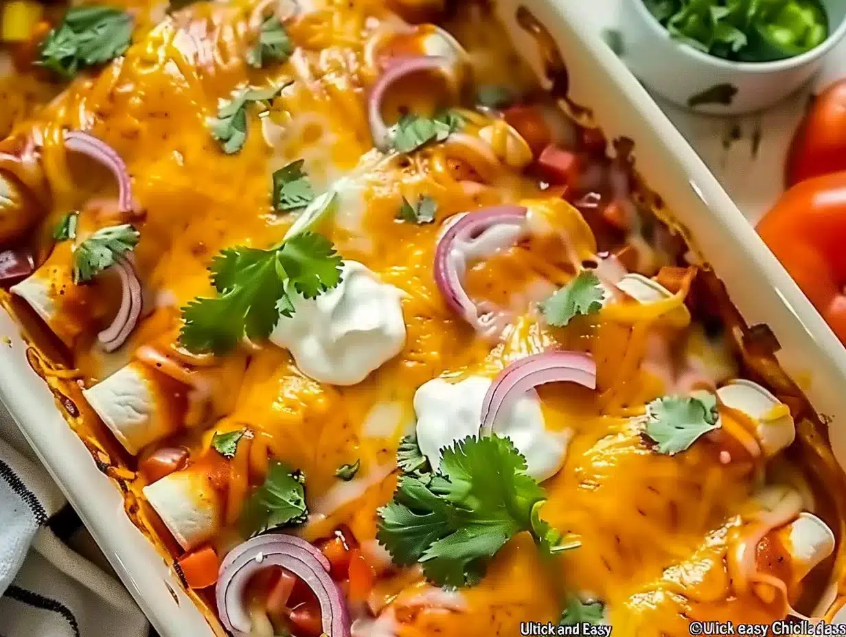 Delicious plate of quick and easy chicken enchiladas topped with cheese and sauce