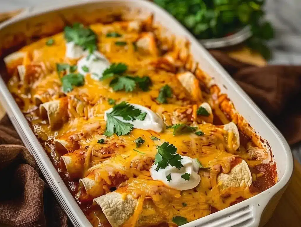 A plate of ultimate quick and easy chicken enchiladas topped with cheese and herbs