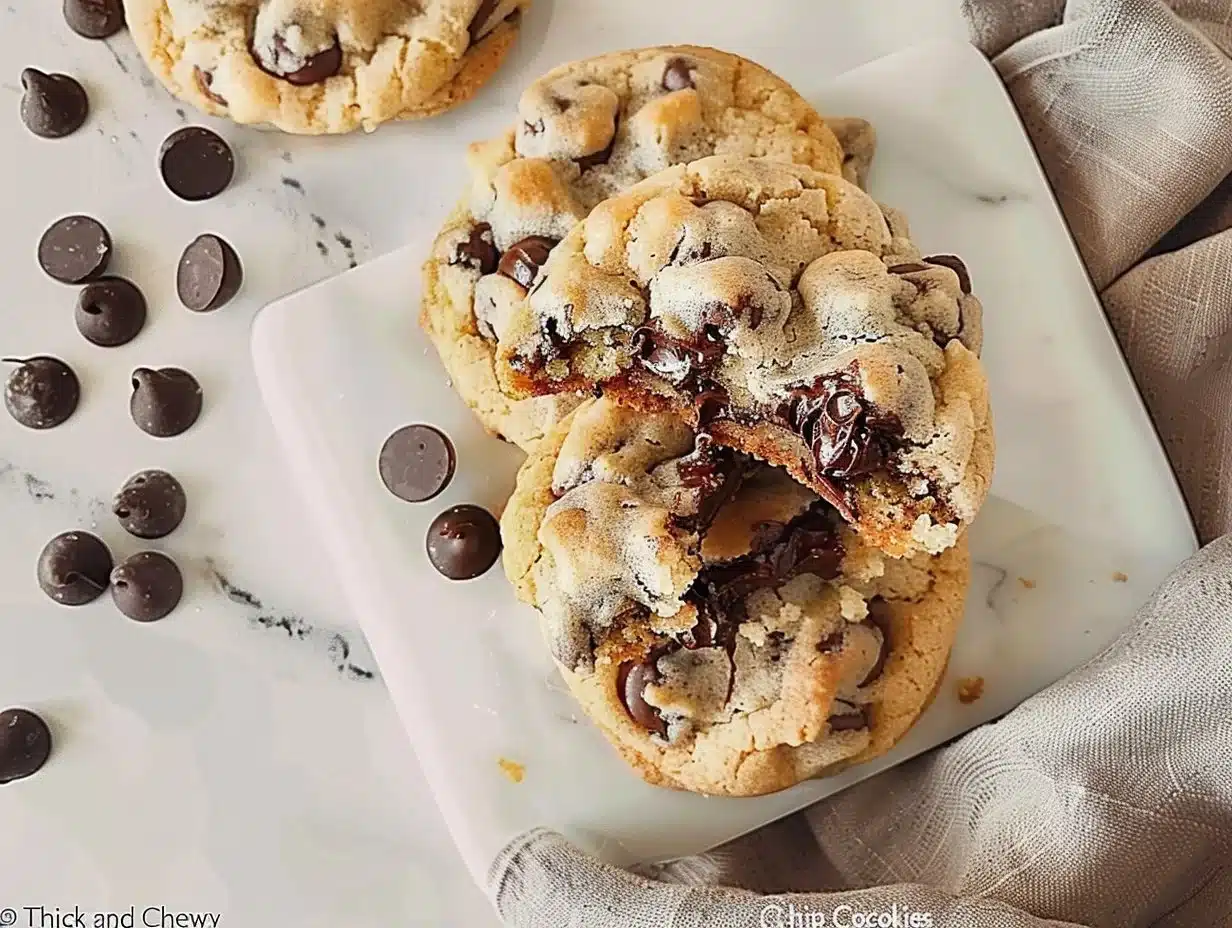 Ultra Thick and Chewy Chocolate Chip Cookies 1 Stack of ultra thick and chewy chocolate chip cookies on a plate