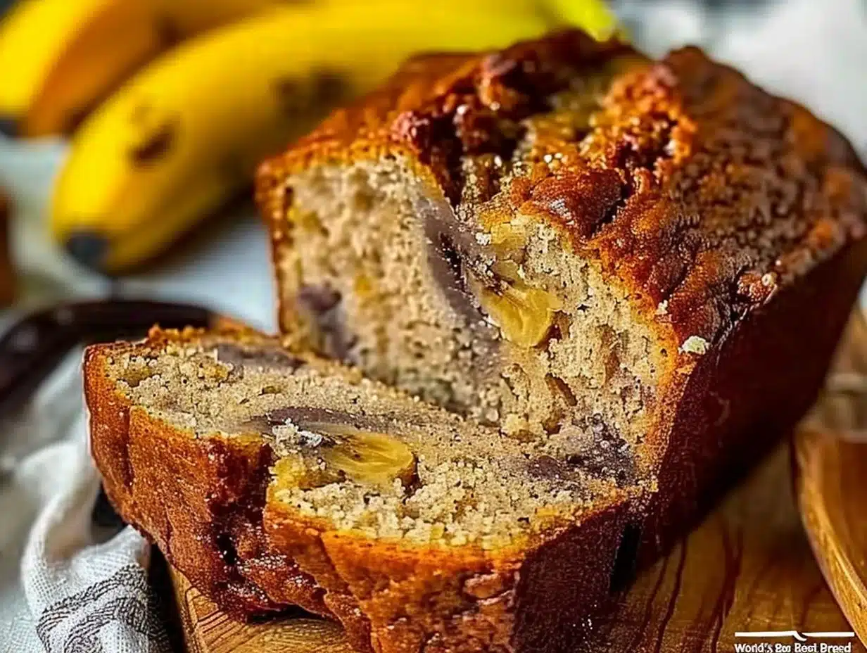 World's Best Banana Bread 1 Loaf of the world's best banana bread on a kitchen counter