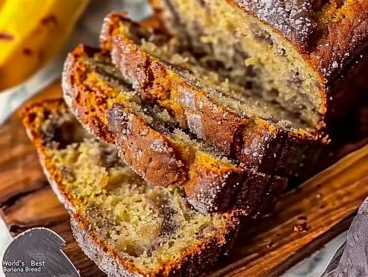 World’s Best Banana Bread 1 Deliciously moist banana bread fresh out of the oven with ripe bananas