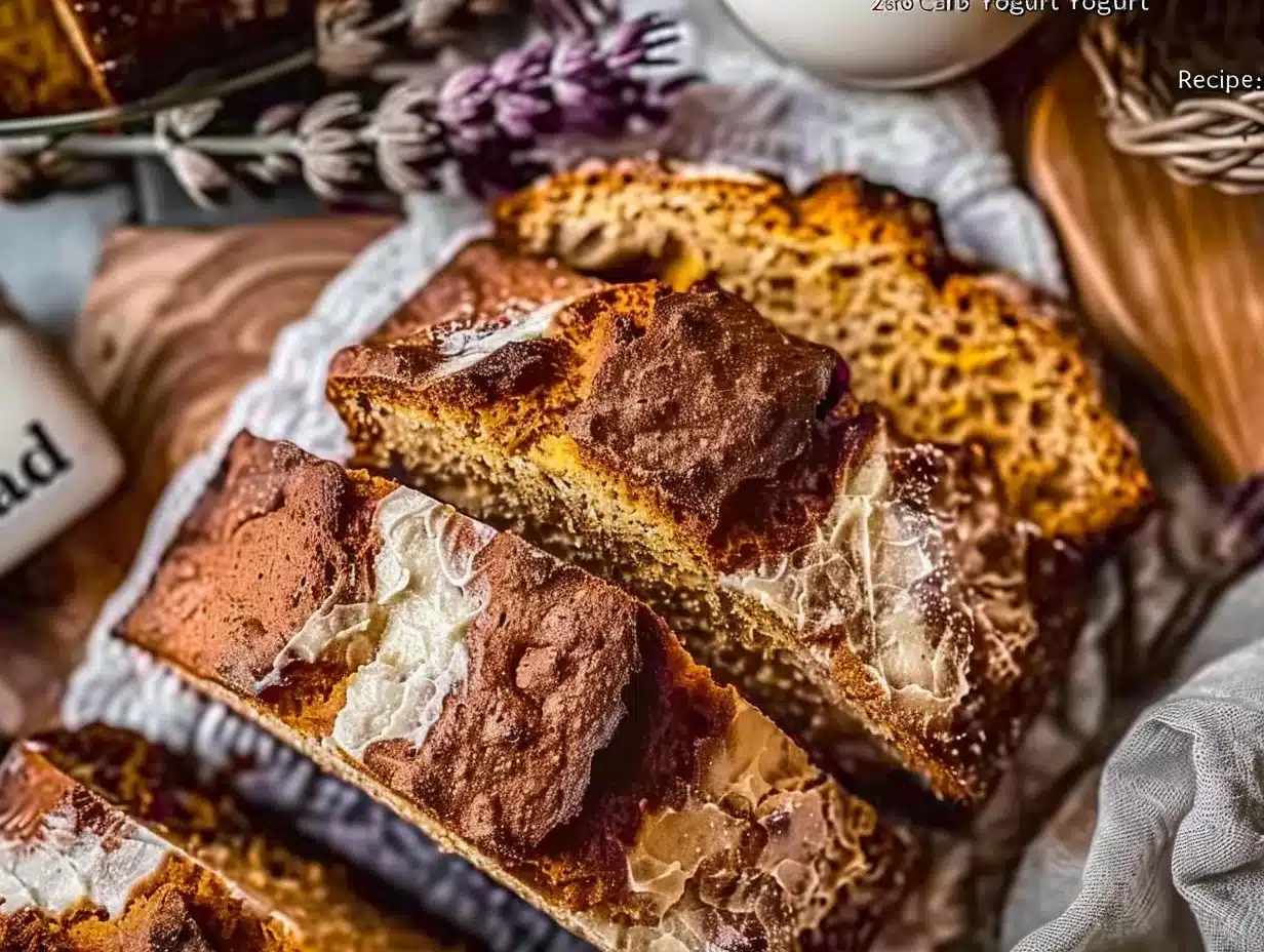 Zero Carb Yogurt Bread Recipe with ingredients and final baked product