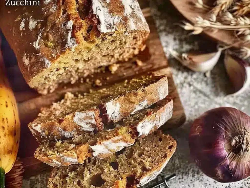 Freshly baked zucchini bread with slices on a wooden cutting board.