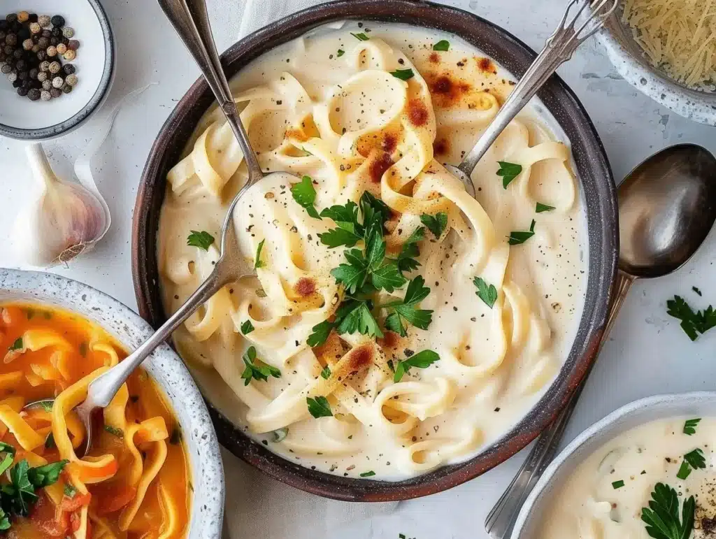 Creamy homemade Alfredo Sauce served with pasta