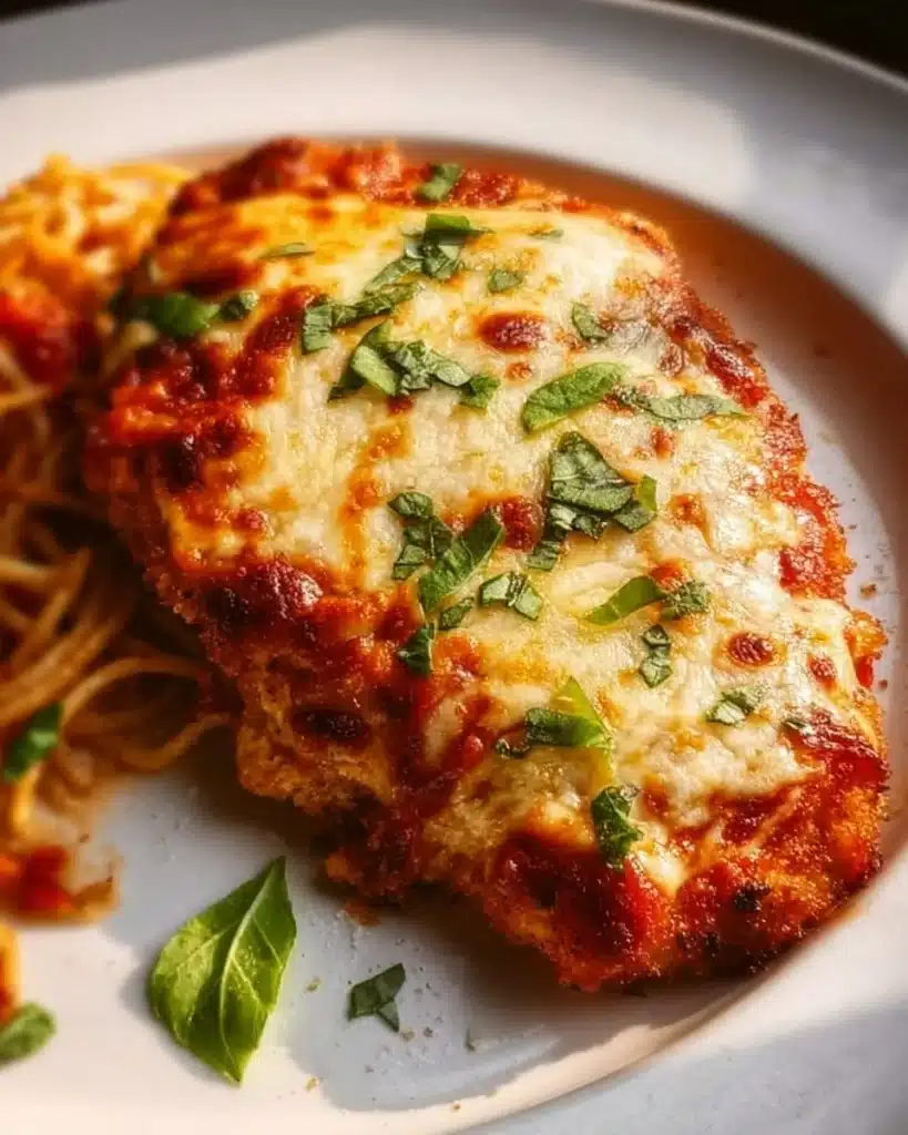 Plate of Baked Chicken Parmesan with melted cheese and marinara sauce
