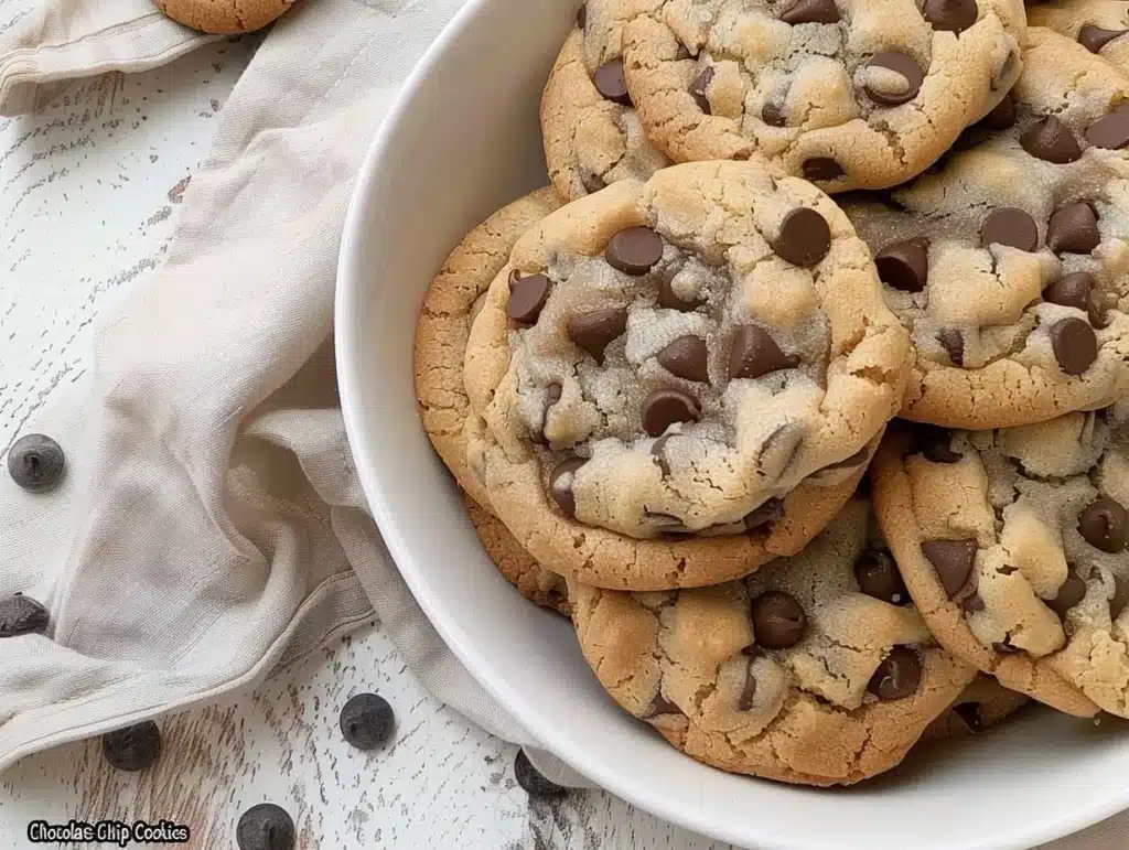 Bakery-style chocolate chip cookies stacked on a plate