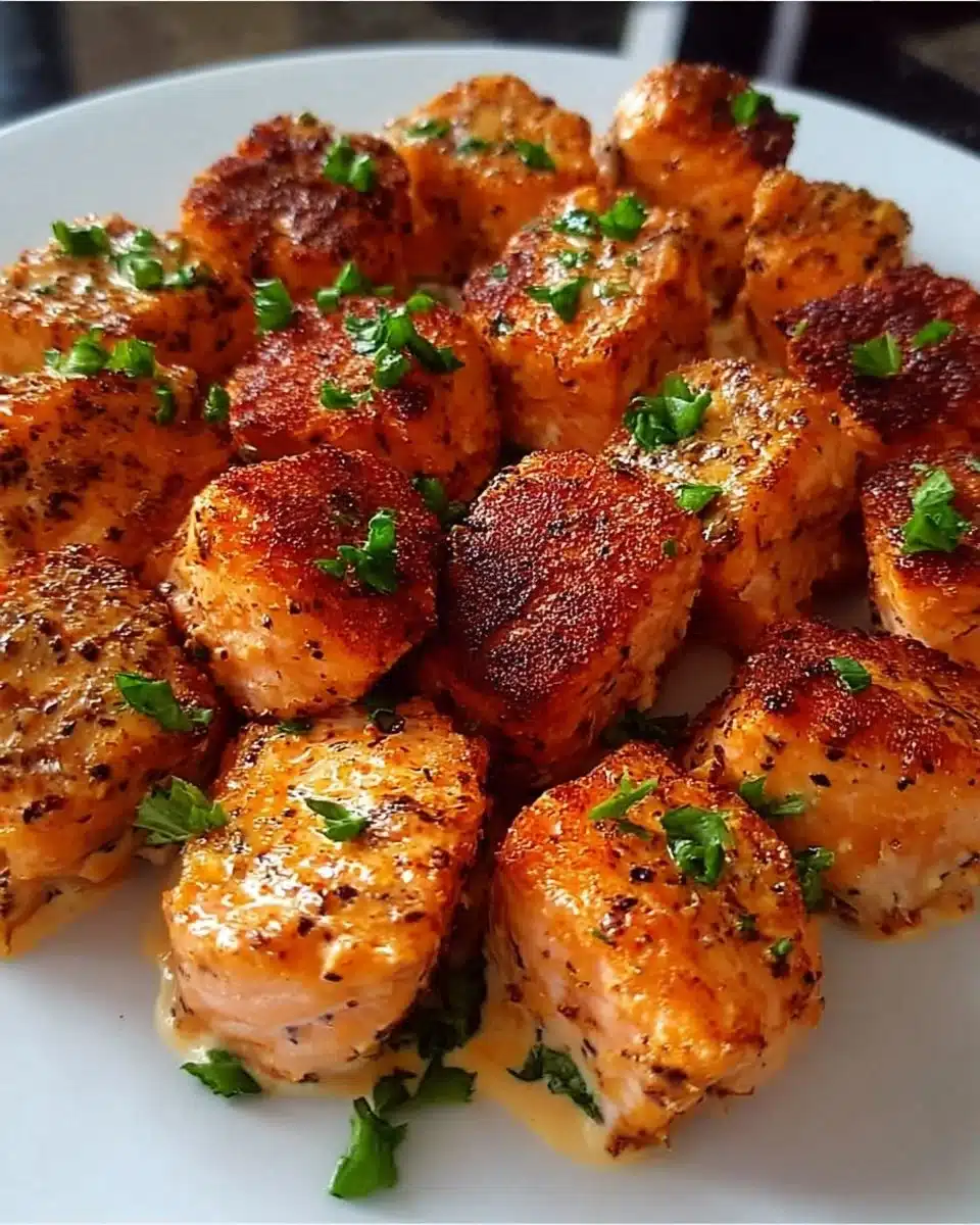 Crispy Bang Bang Salmon Bites served with a spicy dipping sauce