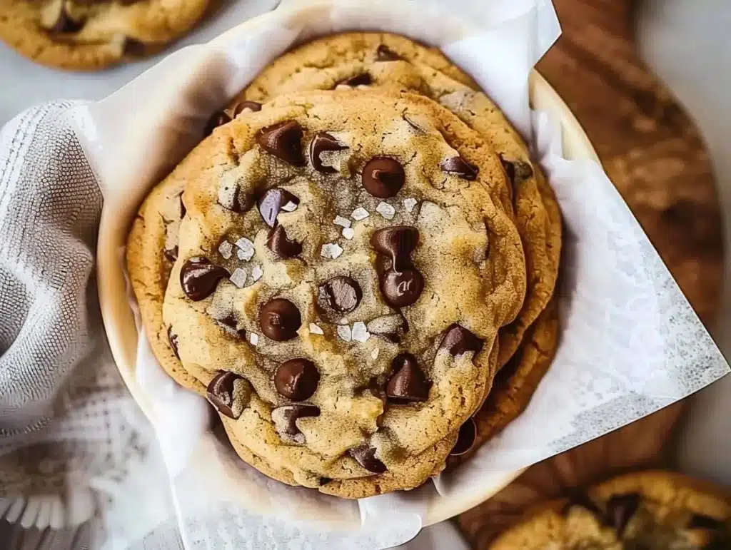 Freshly baked chocolate chip cookies on a cooling rack