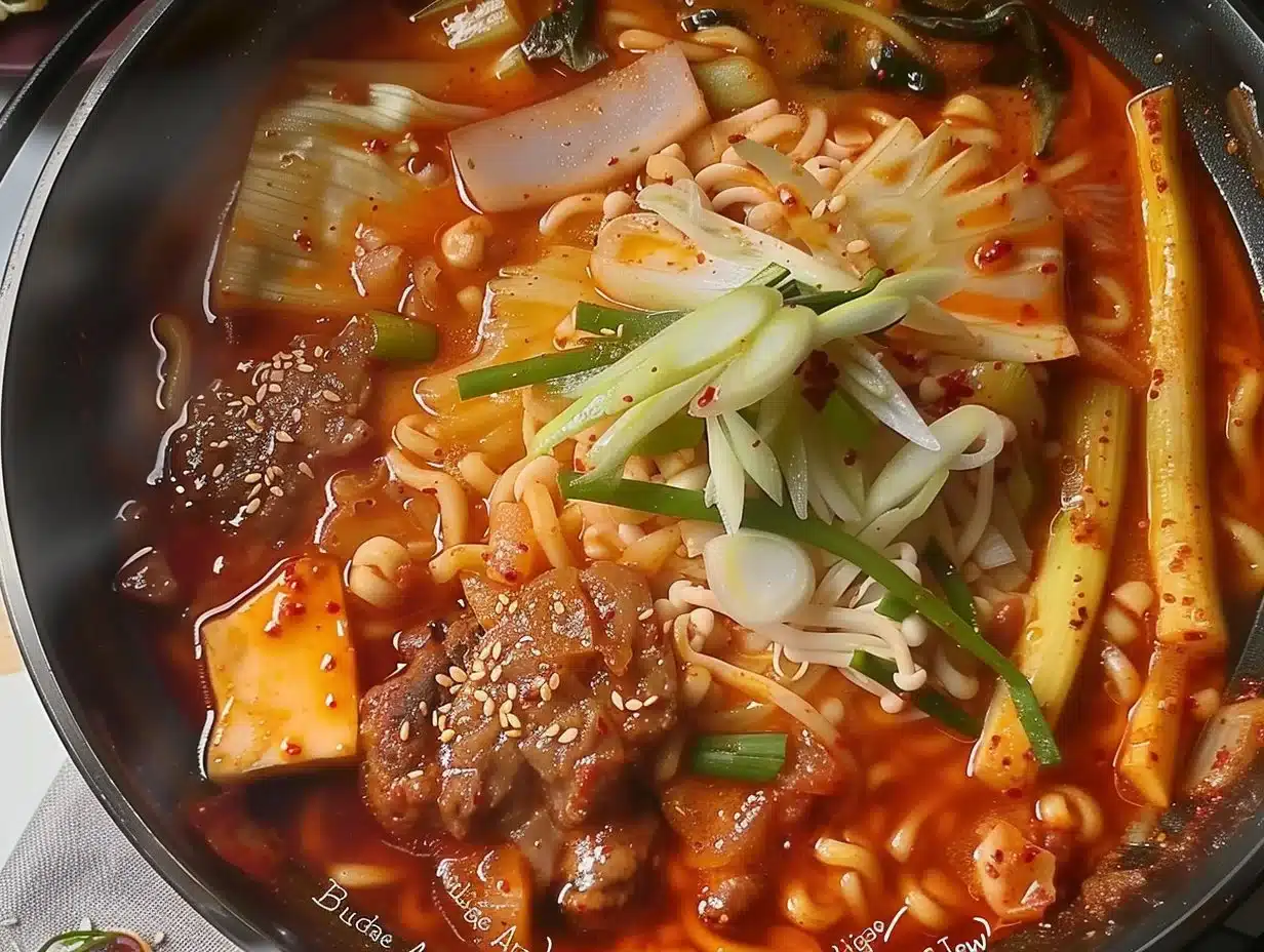 Budae Jjigae, a delicious Korean Army Stew with sausage, noodles, and vegetables.