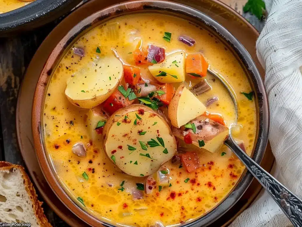 Bowl of hearty Cajun Potato Soup garnished with green onions and spices