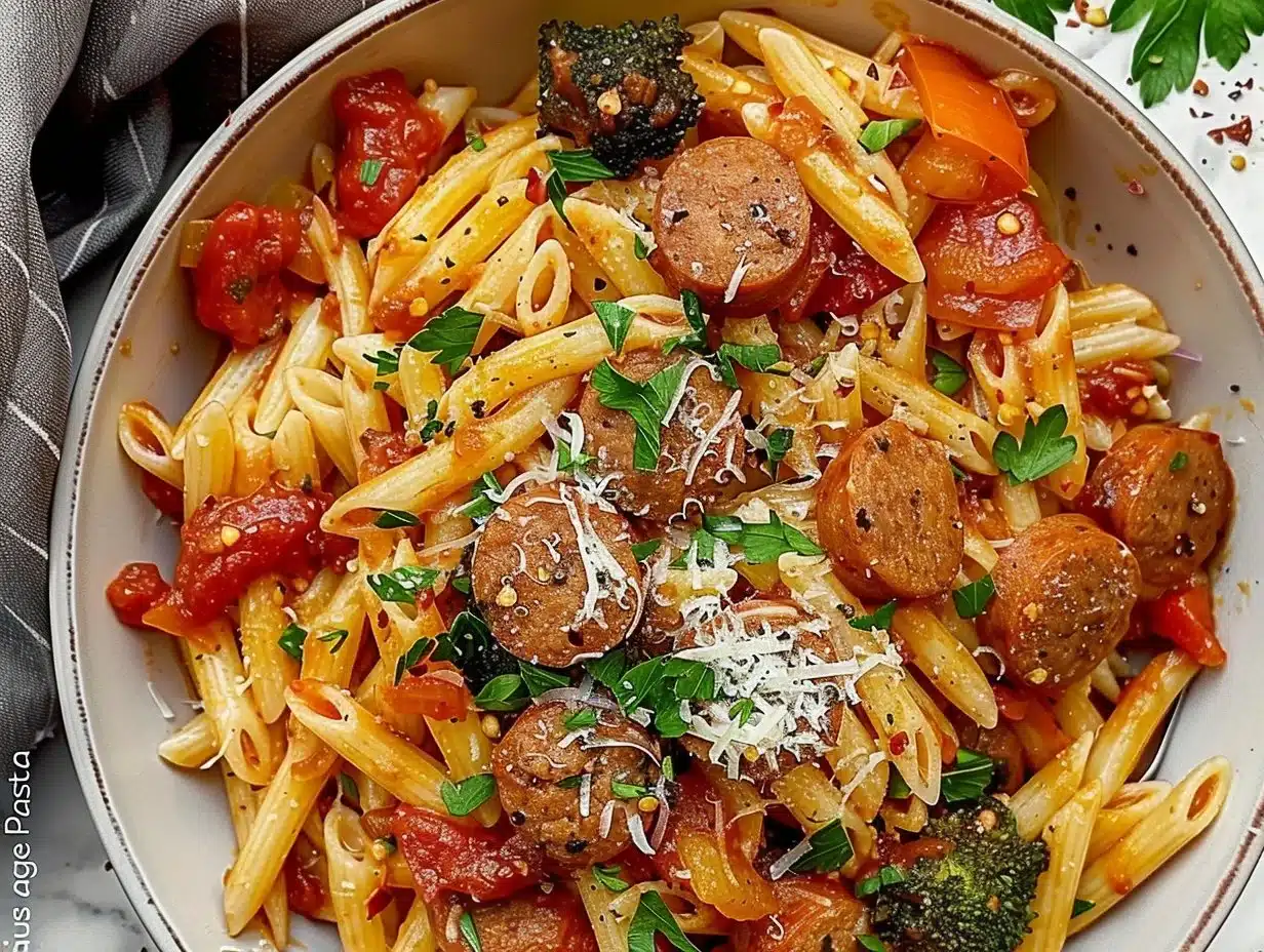 A vibrant plate of Cajun Sausage Pasta with colorful veggies and spices.
