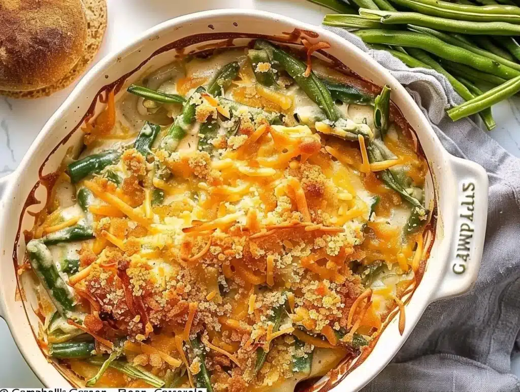 Delicious serving of Campbell's green bean casserole topped with crispy onions.