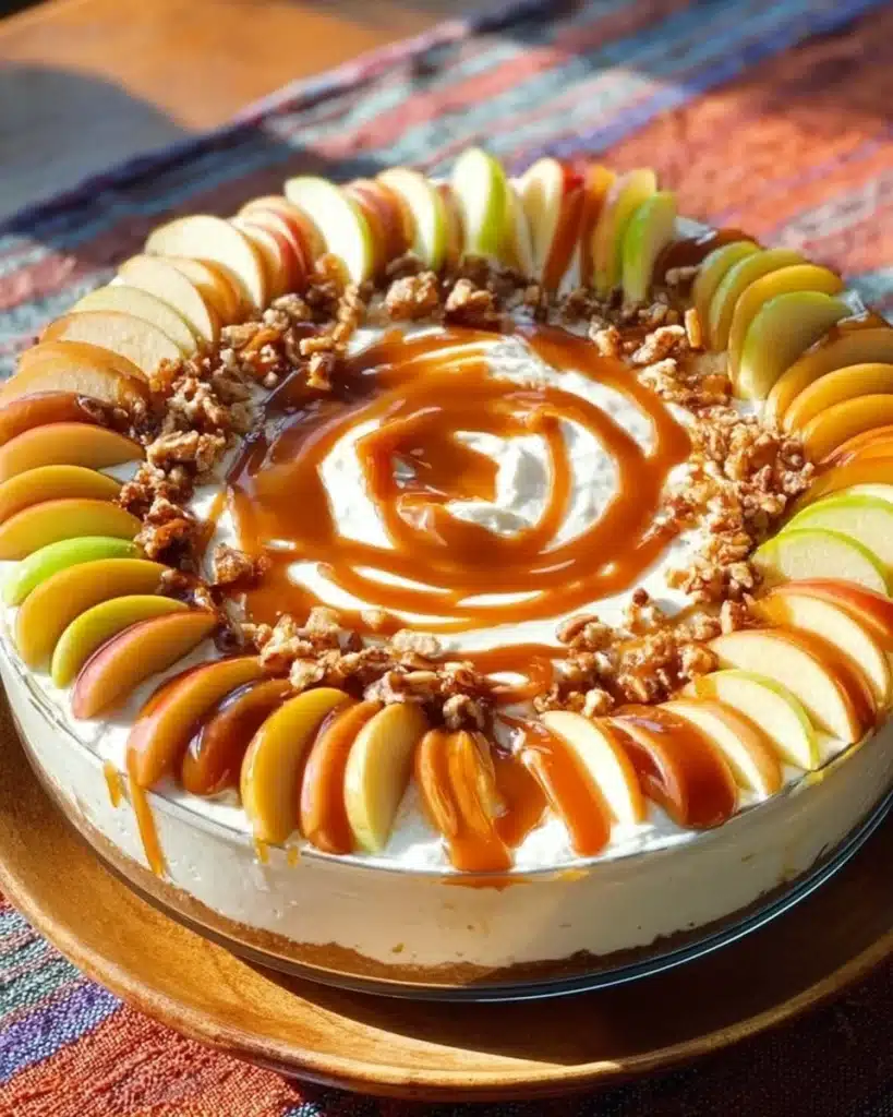 Creamy caramel apple cheesecake dip served with apple slices and graham crackers