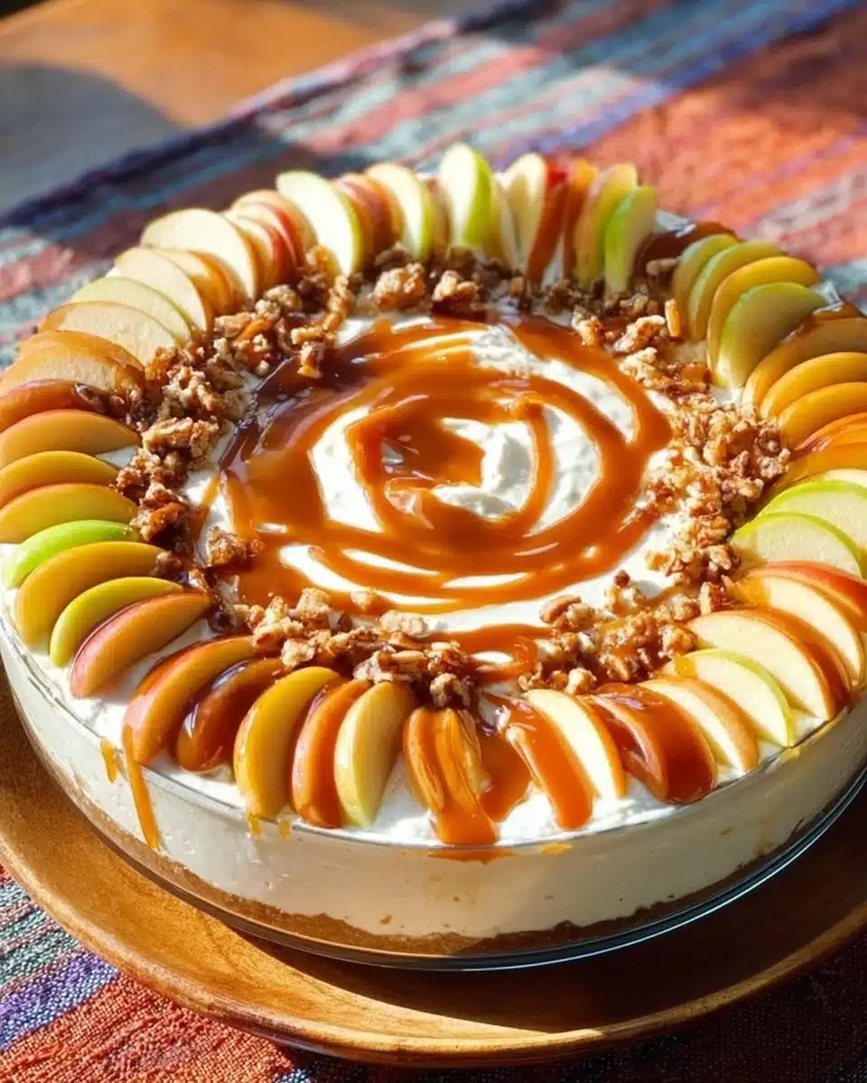 Creamy caramel apple cheesecake dip served with apple slices and graham crackers