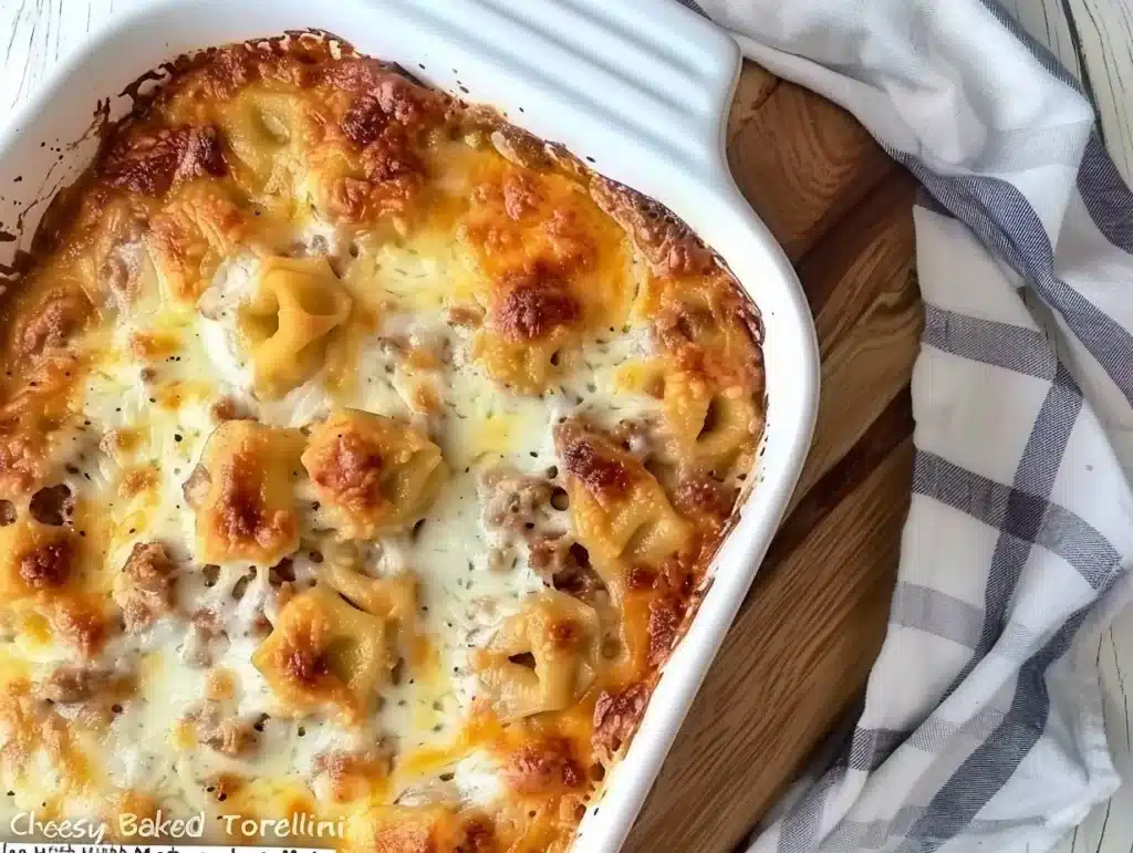 Cheesy baked tortellini casserole with meat sauce in a baking dish