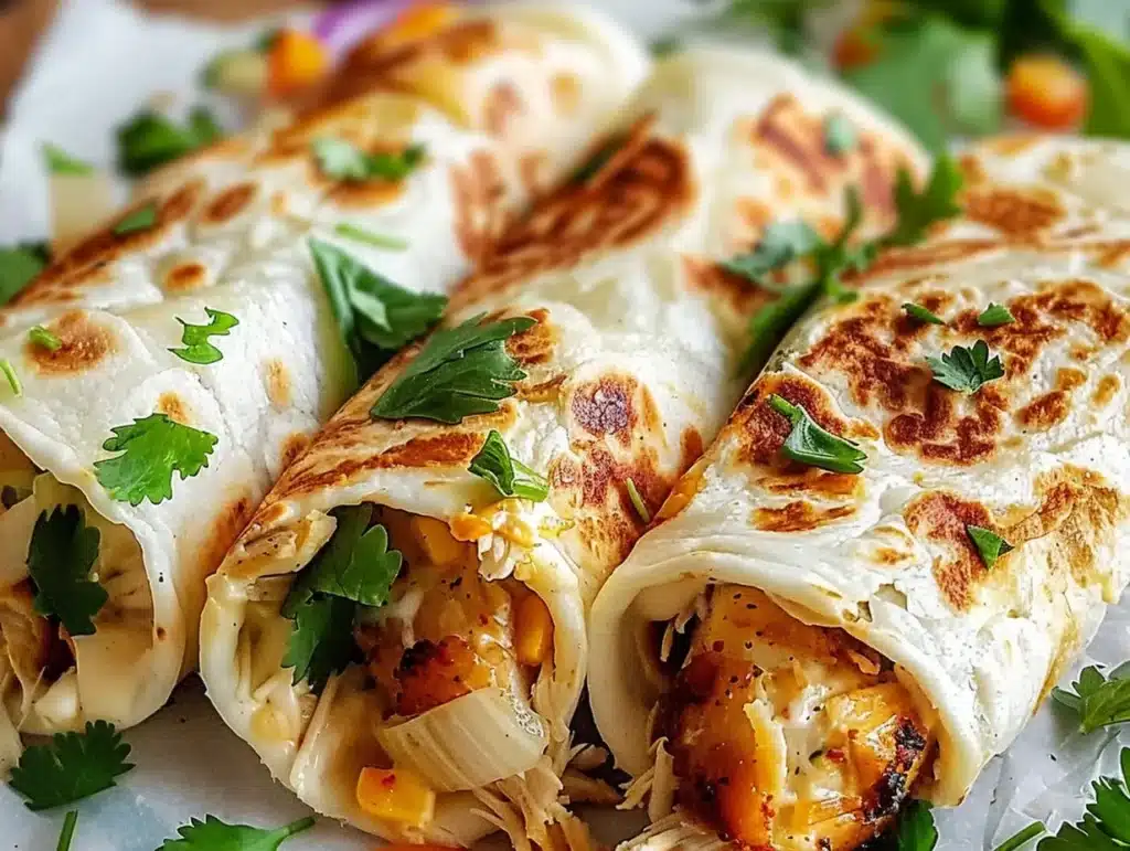 Cheesy chicken garlic wraps on a plate with fresh ingredients