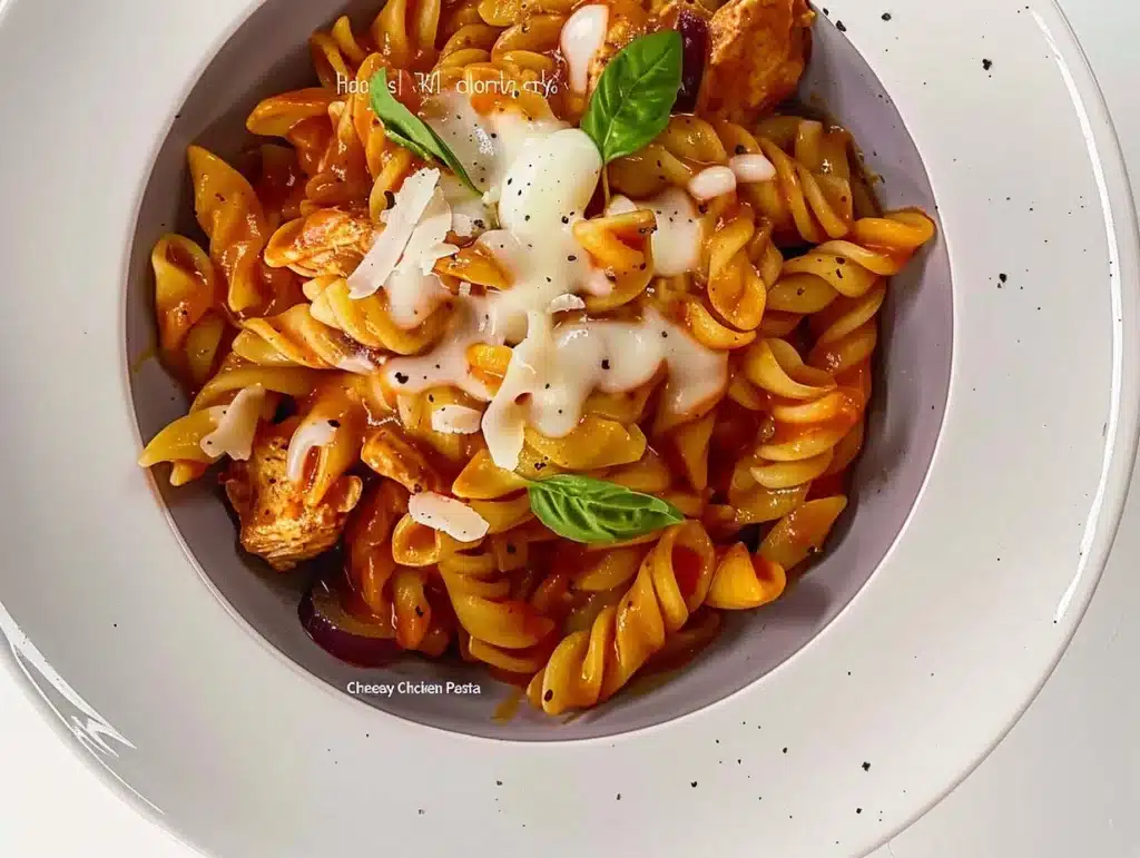 Delicious cheesy chicken pasta served in a bowl garnished with herbs