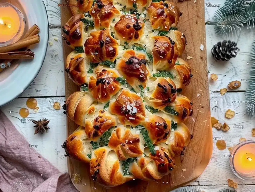 Cheesy Christmas Tree Bread garnished with herbs and cheese, perfect for holiday gatherings.