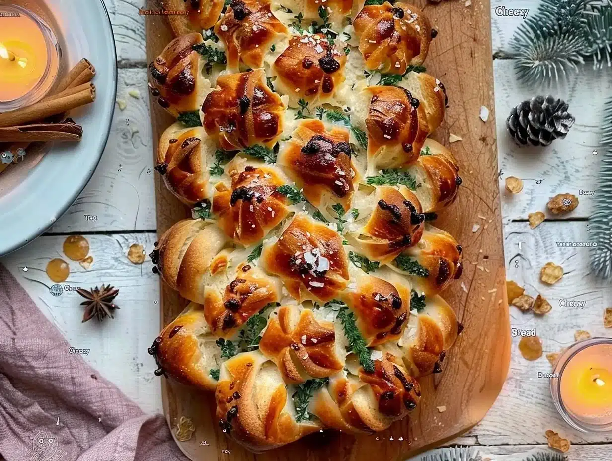 Cheesy Christmas Tree Bread garnished with herbs and cheese, perfect for holiday gatherings.