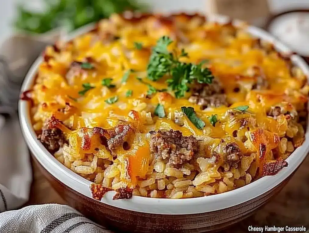 Cheesy Hamburger Rice Casserole served in a baking dish, ready to enjoy.