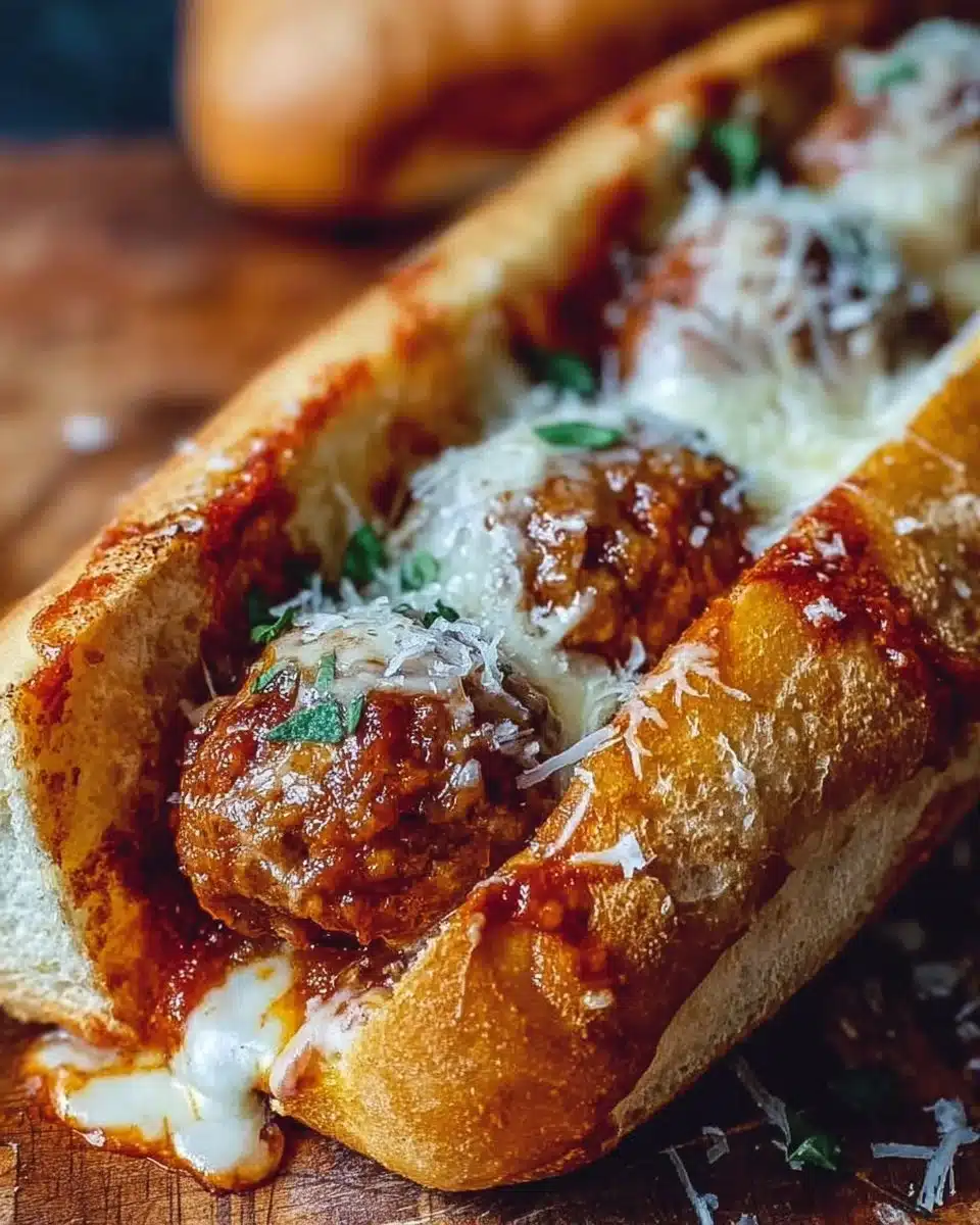 Cheesy Meatball Subs 1 Cheesy meatball subs served on a plate, topped with melted cheese and herbs.