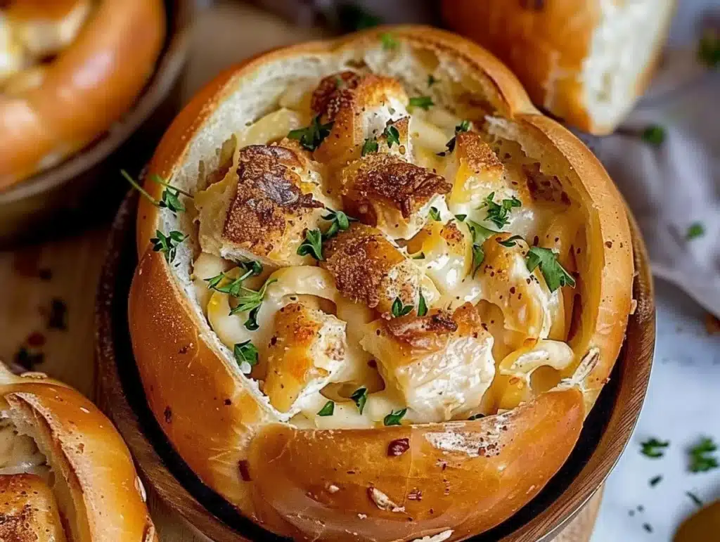 Chicken Alfredo served in garlic bread bowls for a delicious and hearty meal