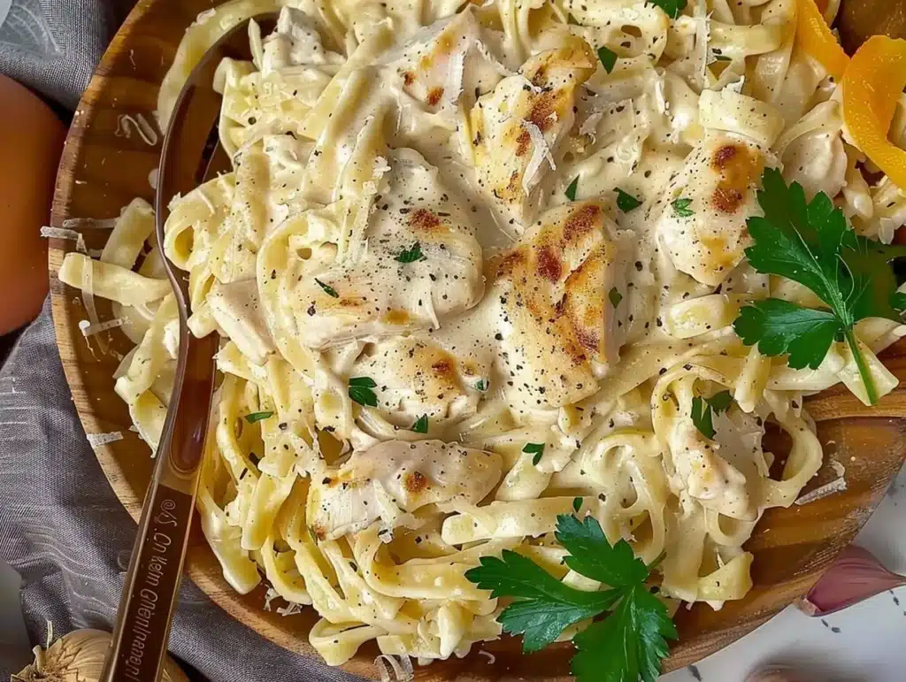 Delicious Chicken Garlic Parmesan Pasta topped with parsley and cheese