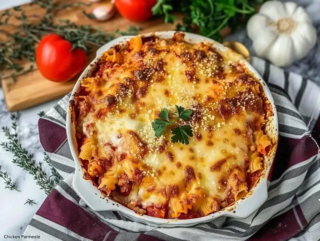 Delicious Chicken Parmesan Casserole topped with melted cheese and marinara sauce