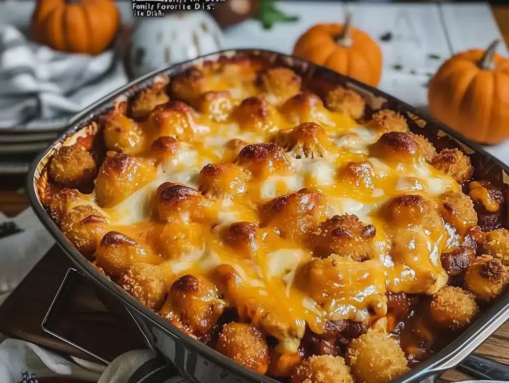 Chili Cheese Tater Tot Casserole topped with cheese and chili garnished with scallions