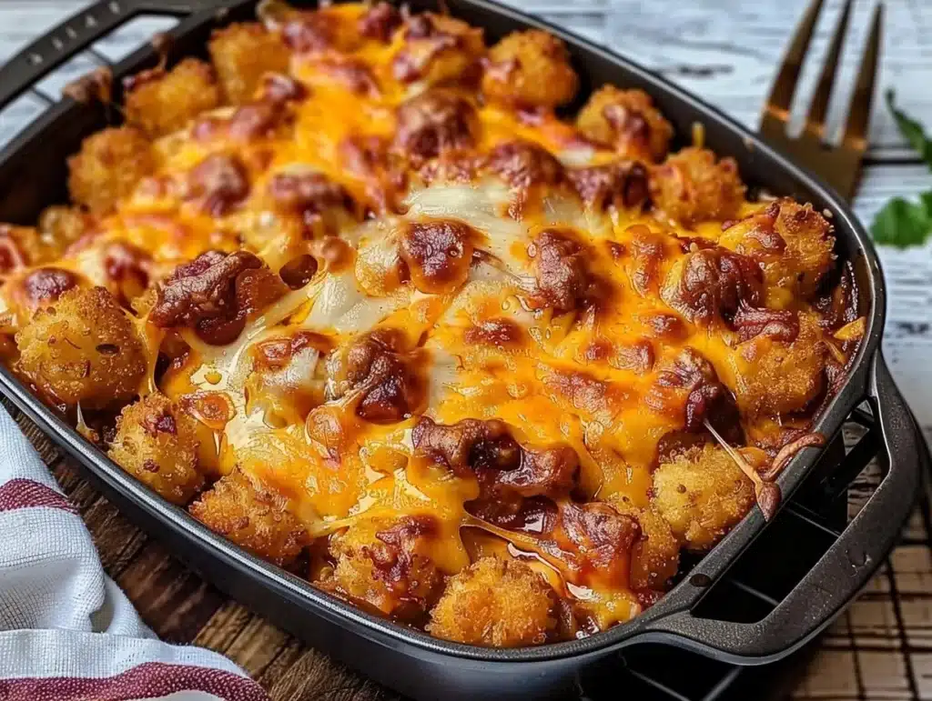 Chili Cheese Tater Tot Casserole dish served in a baking dish