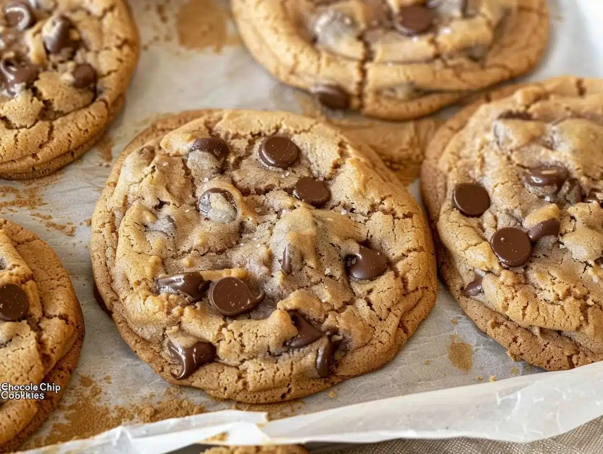 Delicious homemade chocolate chip cookies with melted chocolate chunks