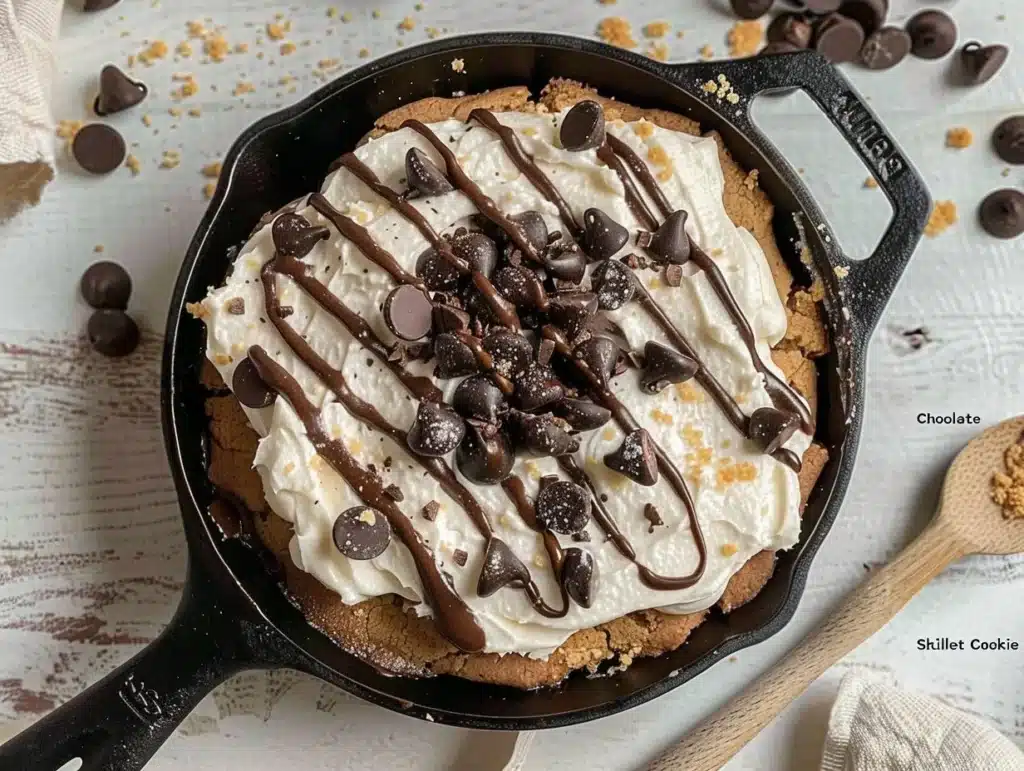 Delicious chocolate chip skillet cookie fresh out of the oven