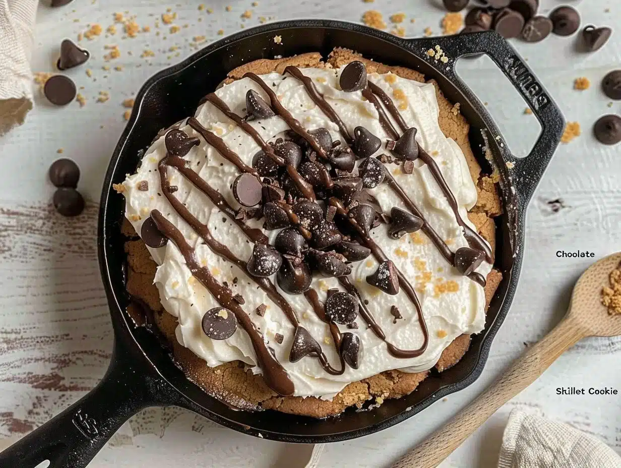 Delicious chocolate chip skillet cookie fresh out of the oven