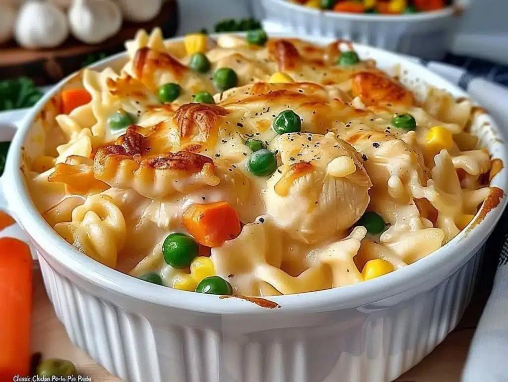 Bowl of Classic Chicken Pot Pie Pasta with vegetables and sauce