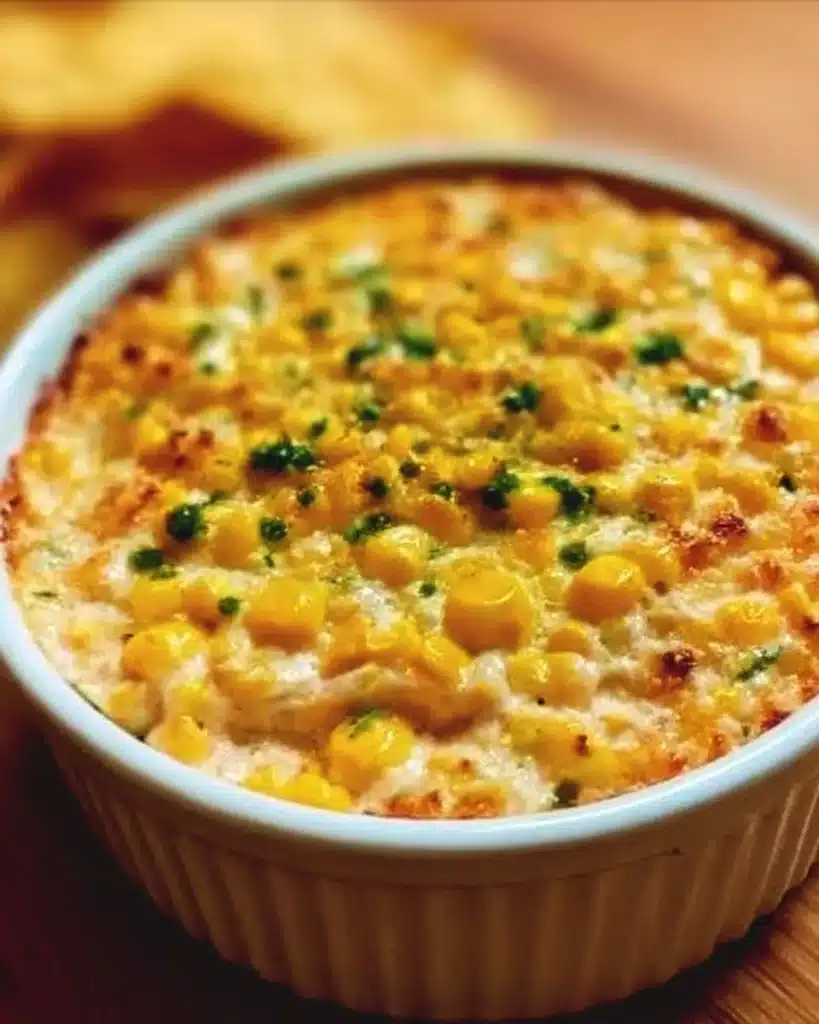 Delicious creamy corn dip served in a bowl with tortilla chips
