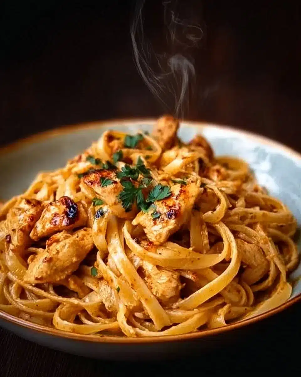 Delicious Cowboy Butter Chicken Linguine topped with fresh herbs