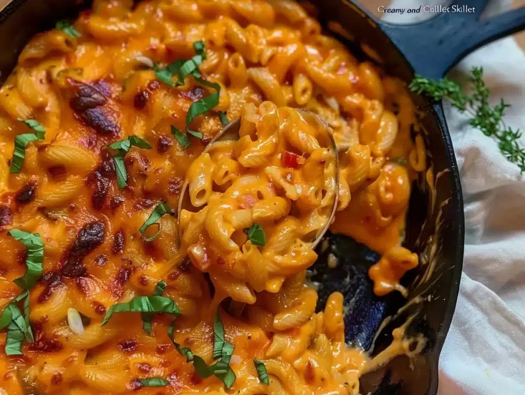 Delicious creamy and cheesy skillet macaroni served in a cast-iron skillet.