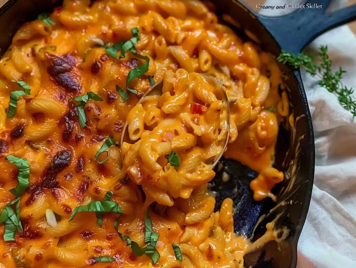 Delicious creamy and cheesy skillet macaroni served in a cast-iron skillet.