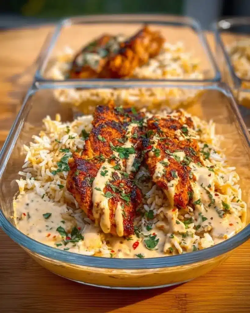 Creamy Cajun Chicken and Rice Bowl garnished with herbs and spices
