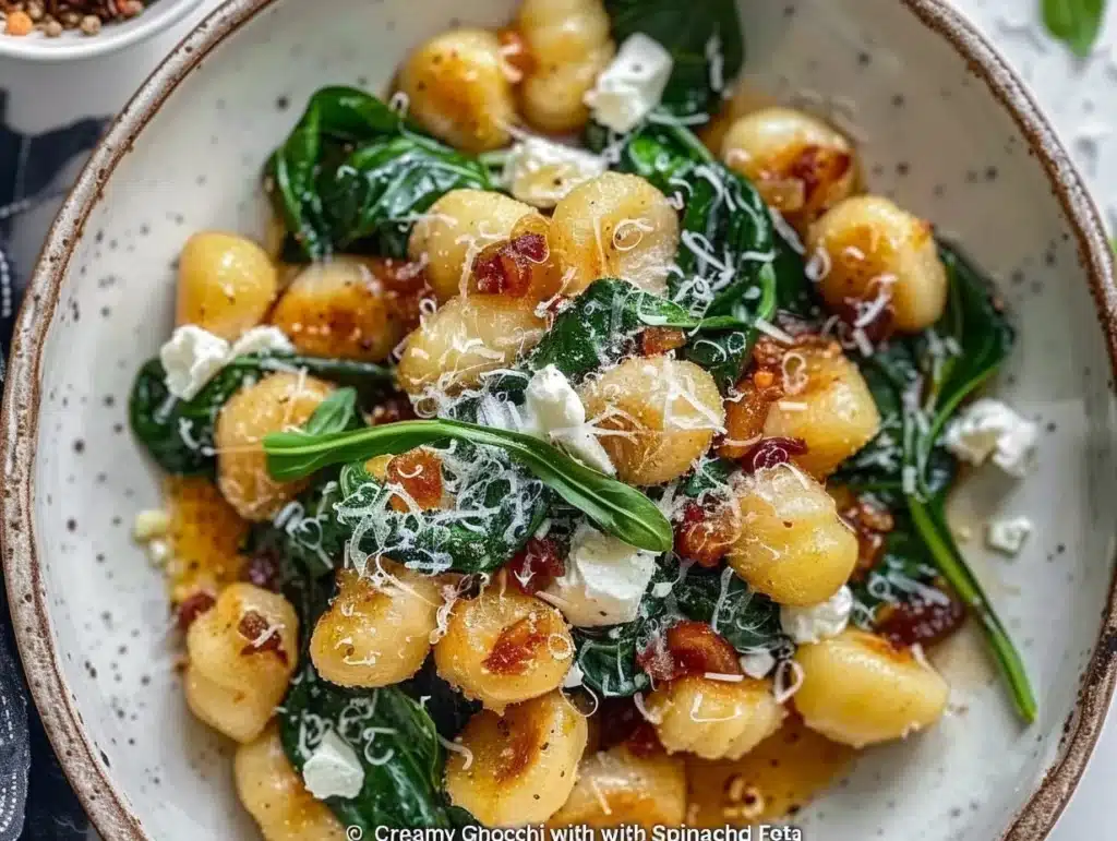 Creamy gnocchi dish with spinach and feta cheese served in a bowl