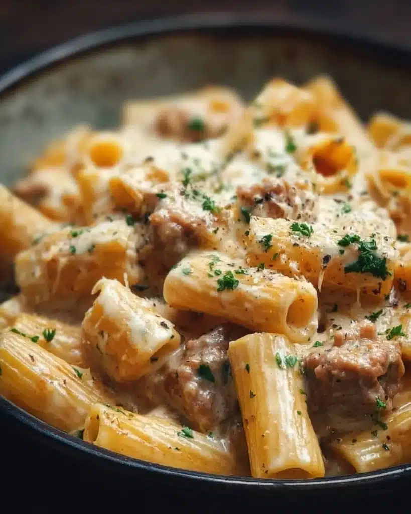 Creamy sausage rigatoni served in a bowl, garnished with parsley and cheese.