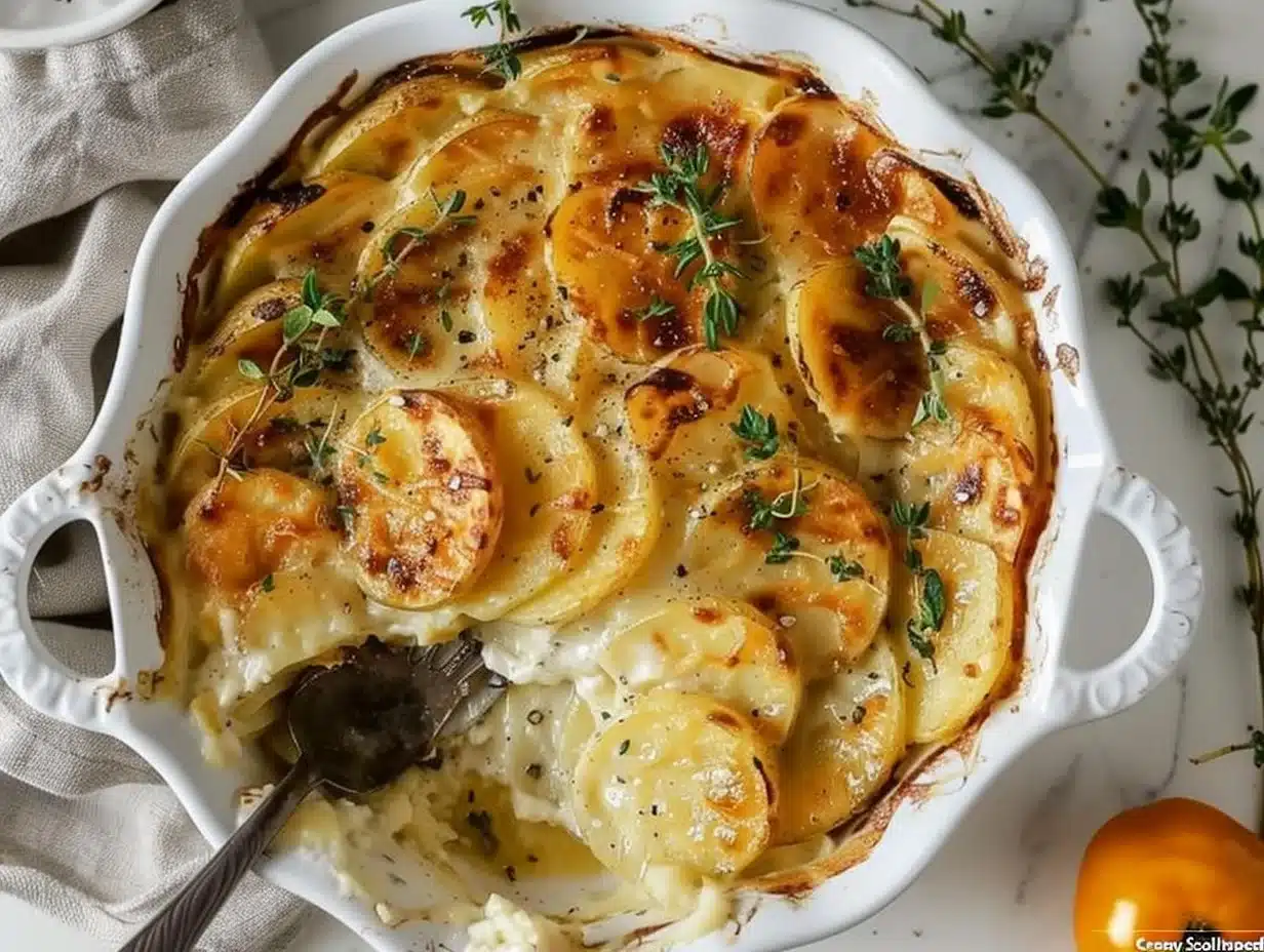 Creamy Scalloped Potatoes 1 Delicious creamy scalloped potatoes in a casserole dish, topped with golden cheese.