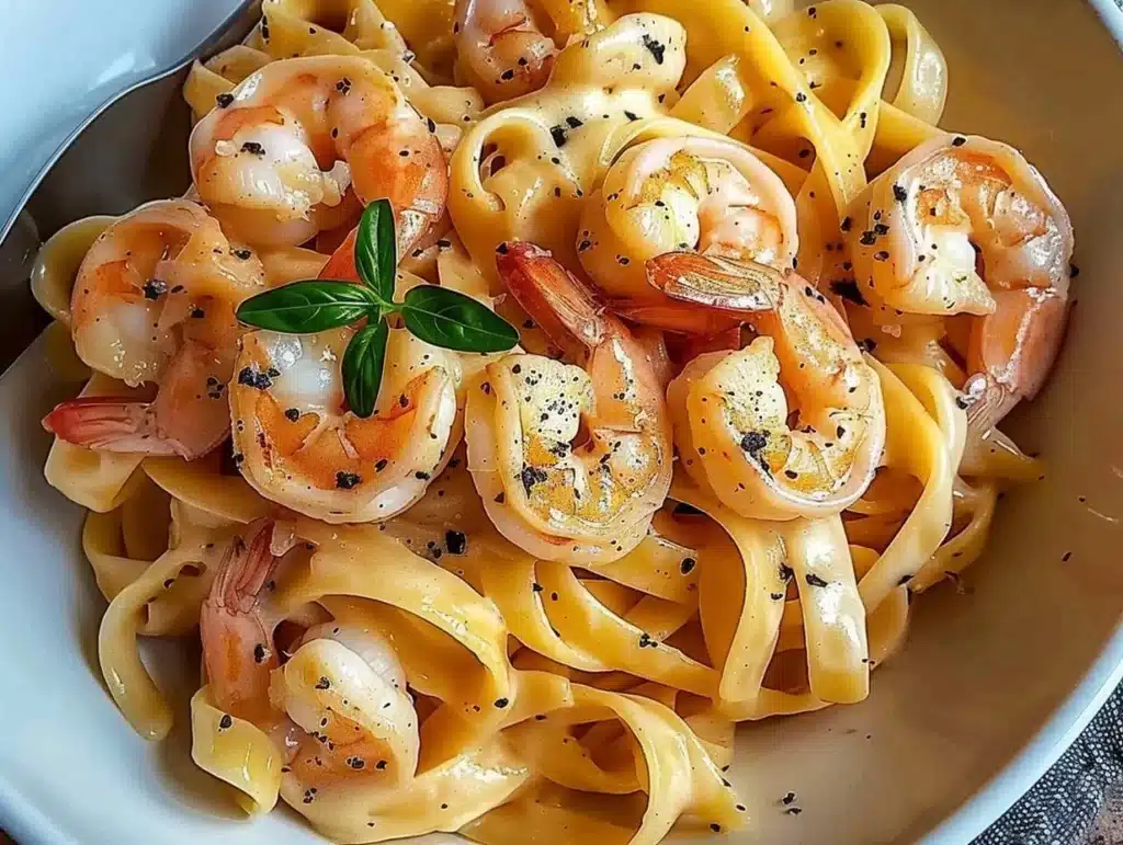 Creamy shrimp fettuccine pasta served in a bowl with herbs
